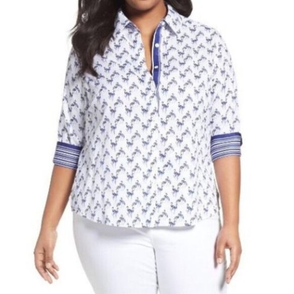Foxcroft NYC Wrinkle Free Button Front Contrast Cuff Shirt Flamingo Print - Picture 1 of 6